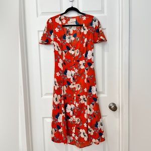 London Rose Red Floral Midi Summer Dress with open back